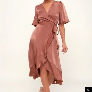Mauve Satin Faux-Wrap Midi Dress